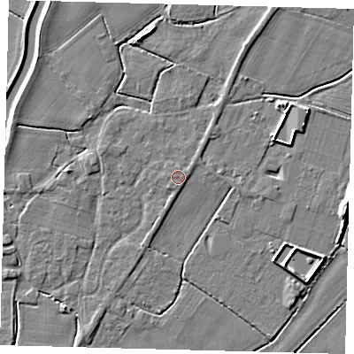 Shaded relief map of the ground around PE113YE, computed from Environment Agency LiDAR. The ground here sits at about 4 m above sea level and falls 5 m across the surrounding 800 m. The ground contributing surface water to this point lies to the south-west.