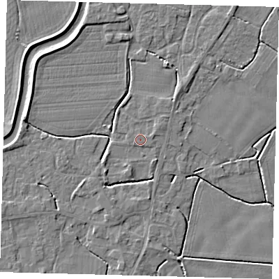 Shaded relief map of the ground around PE113YH, computed from Environment Agency LiDAR. The ground here sits at about 4 m above sea level and falls 4 m across the surrounding 800 m. Surface water reaching this point runs off ground lying to the south-south-west, 0.9 m higher.