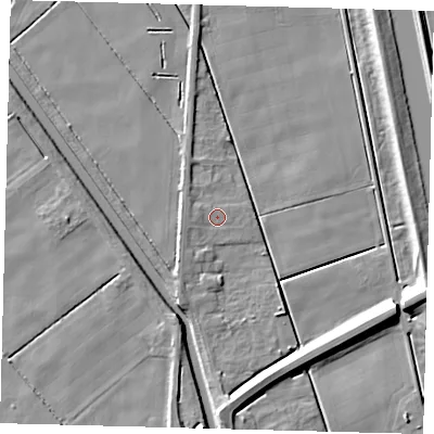 Shaded relief map of the ground around PE113YN, computed from Environment Agency LiDAR. The ground here sits at about 2 m above sea level and falls 8 m across the surrounding 800 m. Surface water reaching this point runs off ground lying to the west, 1.5 m higher.