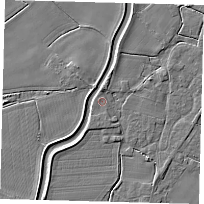 Shaded relief map of the ground around PE113YP, computed from Environment Agency LiDAR. The ground here sits at about 4 m above sea level and falls 4 m across the surrounding 800 m. Surface water reaching this point runs off ground lying to the north, 1.5 m higher.