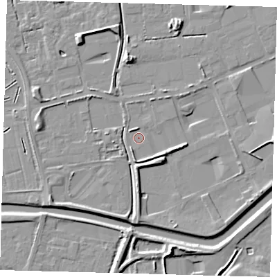 Shaded relief map of the ground around PE113YQ, computed from Environment Agency LiDAR. The ground here sits at about 3 m above sea level and falls 8 m across the surrounding 800 m. Surface water reaching this point runs off ground lying to the south-east, 4.8 m higher.