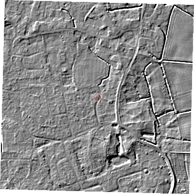 Shaded relief map of the ground around PE113YT, computed from Environment Agency LiDAR. The ground here sits at about 4 m above sea level and falls 4 m across the surrounding 800 m. Surface water reaching this point runs off ground lying to the north-west, 2.1 m higher.