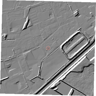 Shaded relief map of the ground around PE113YY, computed from Environment Agency LiDAR. The ground here sits at about 4 m above sea level and falls 12 m across the surrounding 800 m. Surface water reaching this point runs off ground lying to the east-north-east, 0.7 m higher.