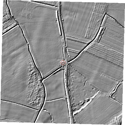 Shaded relief map of the ground around PE114AA, computed from Environment Agency LiDAR. The ground here sits at about 4 m above sea level and falls 4 m across the surrounding 800 m. Surface water reaching this point runs off ground lying to the east, 1.2 m higher.