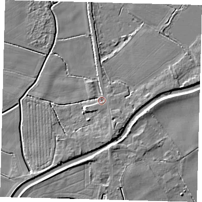 Shaded relief map of the ground around PE114AB, computed from Environment Agency LiDAR. The ground here sits at about 4 m above sea level and falls 5 m across the surrounding 800 m. Surface water reaching this point runs off ground lying to the south-south-east, 1.9 m higher.
