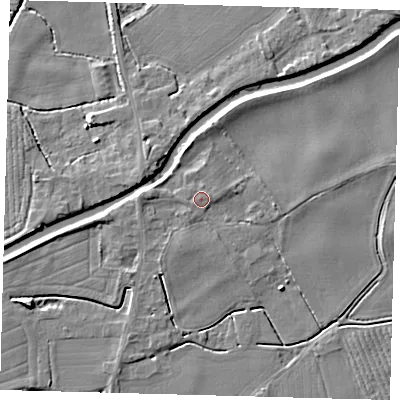 Shaded relief map of the ground around PE114AF, computed from Environment Agency LiDAR. The ground here sits at about 5 m above sea level and falls 5 m across the surrounding 800 m. Surface water reaching this point runs off ground lying to the south-south-west, 1.4 m higher.