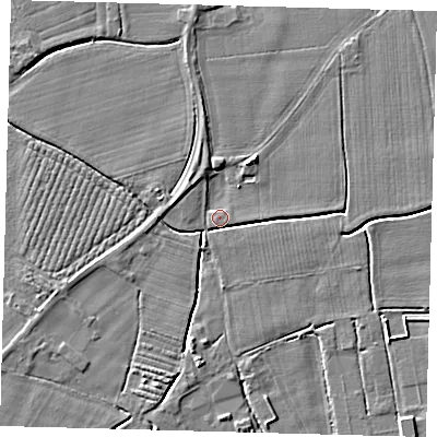 Shaded relief map of the ground around PE114AJ, computed from Environment Agency LiDAR. The ground here sits at about 3 m above sea level and falls 4 m across the surrounding 800 m. Surface water reaching this point runs off ground lying to the north-east, 2.2 m higher.