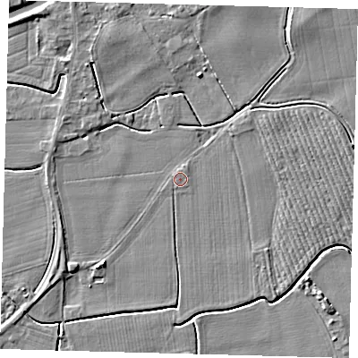Shaded relief map of the ground around PE114AL, computed from Environment Agency LiDAR. The ground here sits at about 4 m above sea level and falls 4 m across the surrounding 800 m. The ground contributing surface water to this point lies to the west-north-west.