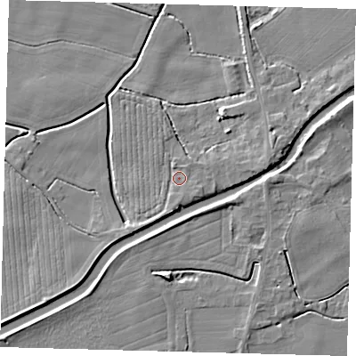 Shaded relief map of the ground around PE114AR, computed from Environment Agency LiDAR. The ground here sits at about 4 m above sea level and falls 5 m across the surrounding 800 m. Surface water reaching this point runs off ground lying to the south-east, 1.0 m higher.