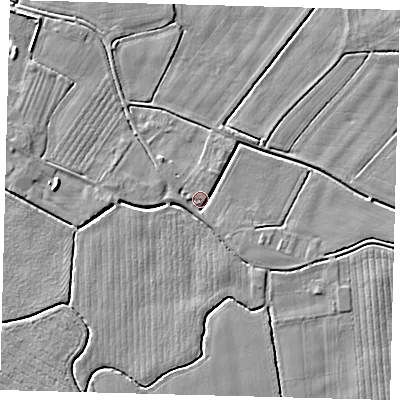 Shaded relief map of the ground around PE114AT, computed from Environment Agency LiDAR. The ground here sits at about 3 m above sea level and falls 3 m across the surrounding 800 m. Surface water reaching this point runs off ground lying to the south-south-east, 2.4 m higher.