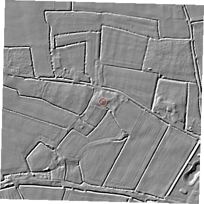 Shaded relief map of the ground around PE114BA, computed from Environment Agency LiDAR. The ground here sits at about 4 m above sea level and falls 4 m across the surrounding 800 m. Surface water reaching this point runs off ground lying to the east-north-east, 1.0 m higher.