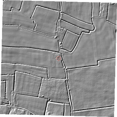 Shaded relief map of the ground around PE114BD, computed from Environment Agency LiDAR. The ground here sits at about 3 m above sea level and falls 3 m across the surrounding 800 m. The ground contributing surface water to this point lies to the north-north-east.