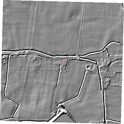 Shaded relief map of the ground around PE114BE, computed from Environment Agency LiDAR. The ground here sits at about 3 m above sea level and falls 4 m across the surrounding 800 m. Surface water reaching this point runs off ground lying to the north, 0.6 m higher.