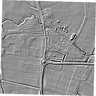 Shaded relief map of the ground around PE114BG, computed from Environment Agency LiDAR. The ground here sits at about 4 m above sea level and falls 4 m across the surrounding 800 m. Surface water reaching this point runs off ground lying to the south-south-west, 2.9 m higher.