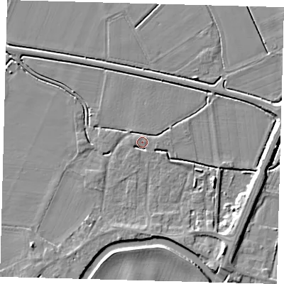 Shaded relief map of the ground around PE114BL, computed from Environment Agency LiDAR. The ground here sits at about 4 m above sea level and falls 6 m across the surrounding 800 m. Surface water reaching this point runs off ground lying to the west, 1.6 m higher.