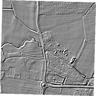 Shaded relief map of the ground around PE114BQ, computed from Environment Agency LiDAR. The ground here sits at about 4 m above sea level and falls 4 m across the surrounding 800 m. Surface water reaching this point runs off ground lying to the east-south-east, 3.8 m higher.