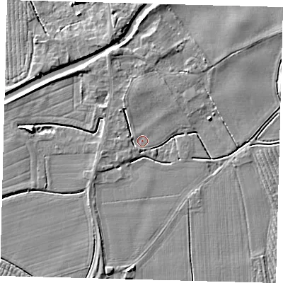Shaded relief map of the ground around PE114BS, computed from Environment Agency LiDAR. The ground here sits at about 3 m above sea level and falls 5 m across the surrounding 800 m. Surface water reaching this point runs off ground lying to the north, 2.6 m higher.