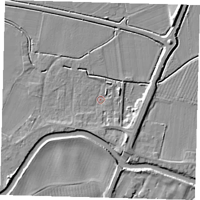 Shaded relief map of the ground around PE114BU, computed from Environment Agency LiDAR. The ground here sits at about 3 m above sea level and falls 7 m across the surrounding 800 m. Surface water reaching this point runs off ground lying to the south-south-east, 5.9 m higher.