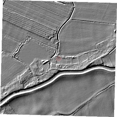 Shaded relief map of the ground around PE114BW, computed from Environment Agency LiDAR. The ground here sits at about 3 m above sea level and falls 5 m across the surrounding 800 m. Surface water reaching this point runs off ground lying to the east-south-east, 2.5 m higher.