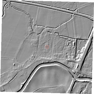 Shaded relief map of the ground around PE114BY, computed from Environment Agency LiDAR. The ground here sits at about 4 m above sea level and falls 6 m across the surrounding 800 m. Surface water reaching this point runs off ground lying to the south-south-east, 2.1 m higher.