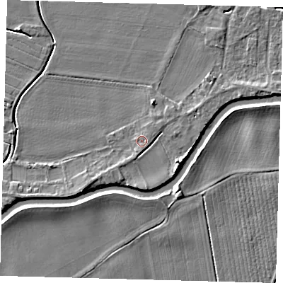 Shaded relief map of the ground around PE114DB, computed from Environment Agency LiDAR. The ground here sits at about 4 m above sea level and falls 5 m across the surrounding 800 m. Surface water reaching this point runs off ground lying to the south-south-west, 1.3 m higher.