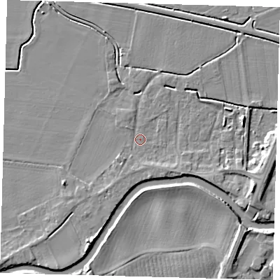Shaded relief map of the ground around PE114DF, computed from Environment Agency LiDAR. The ground here sits at about 3 m above sea level and falls 6 m across the surrounding 800 m. Surface water reaching this point runs off ground lying to the south-east, 1.9 m higher.