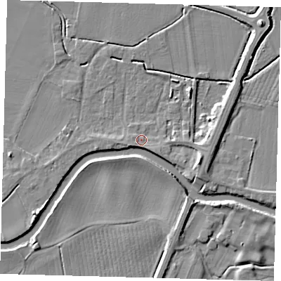 Shaded relief map of the ground around PE114DG, computed from Environment Agency LiDAR. The ground here sits at about 4 m above sea level and falls 6 m across the surrounding 800 m. Surface water reaching this point runs off ground lying to the south-east, 1.5 m higher.