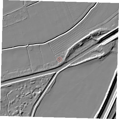 Shaded relief map of the ground around PE114DH, computed from Environment Agency LiDAR. The ground here sits at about 4 m above sea level and falls 10 m across the surrounding 800 m. Surface water reaching this point runs off ground lying to the east-north-east, 2.0 m higher.