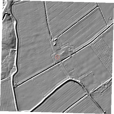 Shaded relief map of the ground around PE114DP, computed from Environment Agency LiDAR. The ground here sits at about 4 m above sea level and falls 5 m across the surrounding 800 m. The ground contributing surface water to this point lies to the north-north-west.