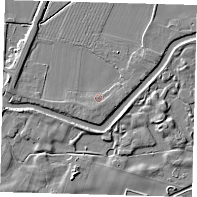 Shaded relief map of the ground around PE114DQ, computed from Environment Agency LiDAR. The ground here sits at about 5 m above sea level and falls 6 m across the surrounding 800 m. Surface water reaching this point runs off ground lying to the south, 2.0 m higher.