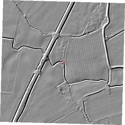 Shaded relief map of the ground around PE114DS, computed from Environment Agency LiDAR. The ground here sits at about 3 m above sea level and falls 4 m across the surrounding 800 m. Surface water reaching this point runs off ground lying to the west-south-west, 3.2 m higher.