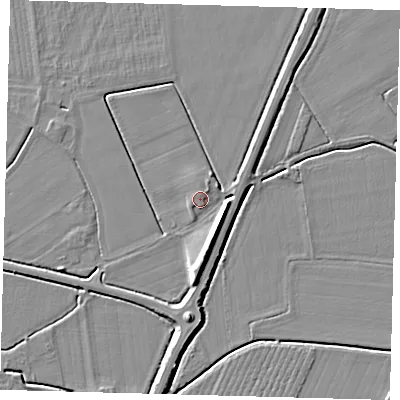 Shaded relief map of the ground around PE114DX, computed from Environment Agency LiDAR. The ground here sits at about 4 m above sea level and falls 7 m across the surrounding 800 m. Surface water reaching this point runs off ground lying to the south, 6.5 m higher.