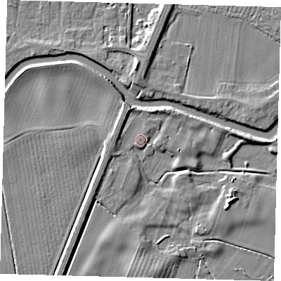 Shaded relief map of the ground around PE114EA, computed from Environment Agency LiDAR. The ground here sits at about 5 m above sea level and falls 6 m across the surrounding 800 m. Surface water reaching this point runs off ground lying to the north-north-west, 4.1 m higher.
