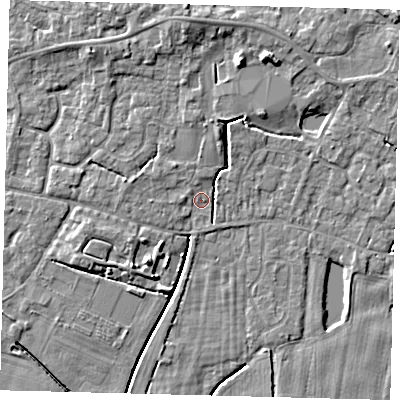 Shaded relief map of the ground around PE114EJ, computed from Environment Agency LiDAR. The ground here sits at about 3 m above sea level and falls 6 m across the surrounding 800 m. Surface water reaching this point runs off ground lying to the north-north-east, 4.9 m higher.