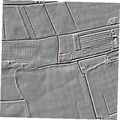 Shaded relief map of the ground around PE114ER, computed from Environment Agency LiDAR. The ground here sits at about 3 m above sea level and falls 3 m across the surrounding 800 m. Surface water reaching this point runs off ground lying to the east-north-east, 1.7 m higher.