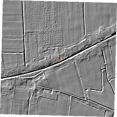 Shaded relief map of the ground around PE114ET, computed from Environment Agency LiDAR. The ground here sits at about 4 m above sea level and falls 3 m across the surrounding 800 m. Surface water reaching this point runs off ground lying to the north-north-east, 0.9 m higher.