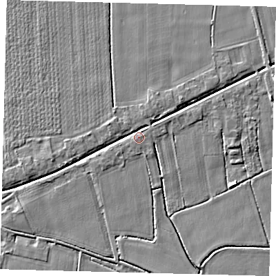 Shaded relief map of the ground around PE114EY, computed from Environment Agency LiDAR. The ground here sits at about 4 m above sea level and falls 4 m across the surrounding 800 m. Surface water reaching this point runs off ground lying to the north-north-east, 3.2 m higher.