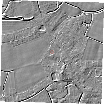 Shaded relief map of the ground around PE114FA, computed from Environment Agency LiDAR. The ground here sits at about 4 m above sea level and falls 7 m across the surrounding 800 m. Surface water reaching this point runs off ground lying to the east, 1.2 m higher.