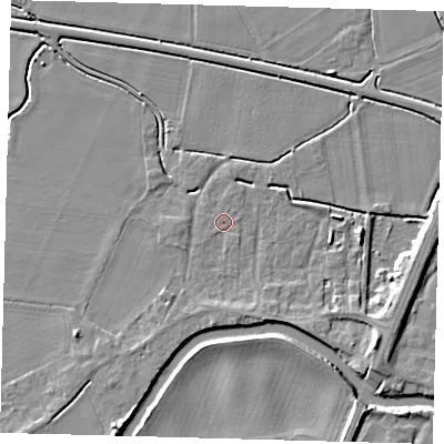 Shaded relief map of the ground around PE114FE, computed from Environment Agency LiDAR. The ground here sits at about 4 m above sea level and falls 6 m across the surrounding 800 m. Surface water reaching this point runs off ground lying to the north-north-east, 0.7 m higher.