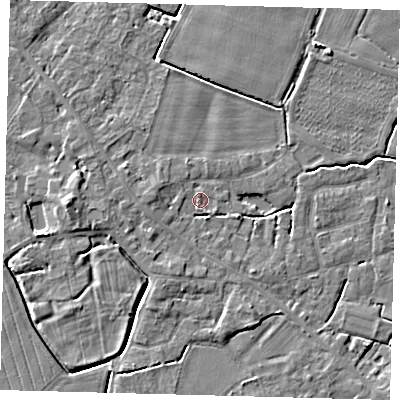 Shaded relief map of the ground around PE114FF, computed from Environment Agency LiDAR. The ground here sits at about 3 m above sea level and falls 5 m across the surrounding 800 m. Surface water reaching this point runs off ground lying to the west, 2.2 m higher.