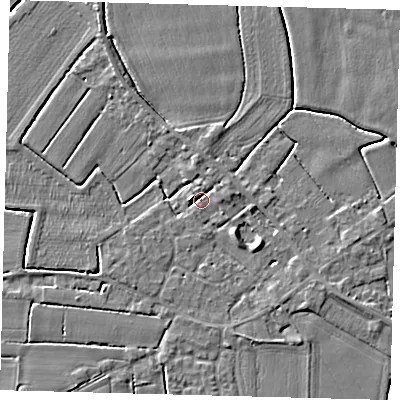 Shaded relief map of the ground around PE114FG, computed from Environment Agency LiDAR. The ground here sits at about 3 m above sea level and falls 4 m across the surrounding 800 m. Surface water reaching this point runs off ground lying to the west, 3.1 m higher.
