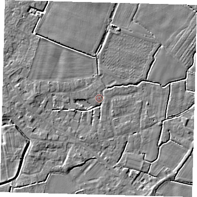 Shaded relief map of the ground around PE114FH, computed from Environment Agency LiDAR. The ground here sits at about 3 m above sea level and falls 4 m across the surrounding 800 m. Surface water reaching this point runs off ground lying to the west, 3.1 m higher.