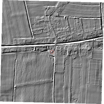 Shaded relief map of the ground around PE114FJ, computed from Environment Agency LiDAR. The ground here sits at about 3 m above sea level and falls 4 m across the surrounding 800 m. Surface water reaching this point runs off ground lying to the west, 2.1 m higher.