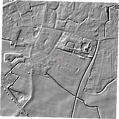 Shaded relief map of the ground around PE114FP, computed from Environment Agency LiDAR. The ground here sits at about 3 m above sea level and falls 5 m across the surrounding 800 m. The ground contributing surface water to this point lies to the north.