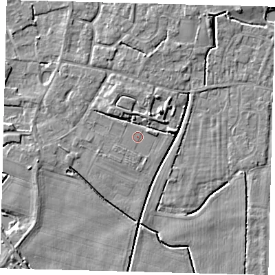 Shaded relief map of the ground around PE114FQ, computed from Environment Agency LiDAR. The ground here sits at about 3 m above sea level and falls 5 m across the surrounding 800 m. Surface water reaching this point runs off ground lying to the west-south-west, 0.5 m higher.