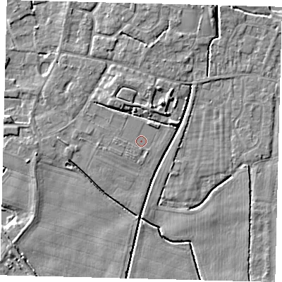 Shaded relief map of the ground around PE114FR, computed from Environment Agency LiDAR. The ground here sits at about 3 m above sea level and falls 5 m across the surrounding 800 m. Surface water reaching this point runs off ground lying to the west-south-west, 0.6 m higher.