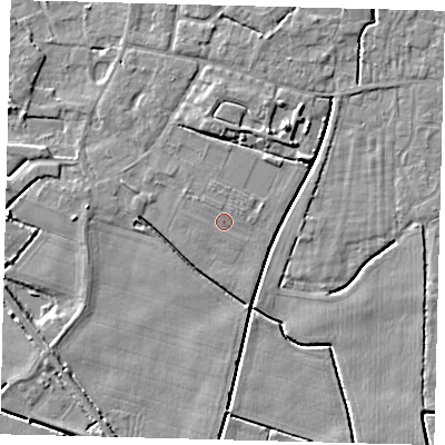 Shaded relief map of the ground around PE114FS, computed from Environment Agency LiDAR. The ground here sits at about 3 m above sea level and falls 5 m across the surrounding 800 m. Surface water reaching this point runs off ground lying to the north-west, 0.7 m higher.
