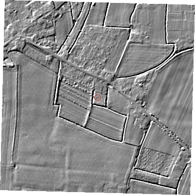 Shaded relief map of the ground around PE114FT, computed from Environment Agency LiDAR. The ground here sits at about 3 m above sea level and falls 3 m across the surrounding 800 m. Surface water reaching this point runs off ground lying to the west-north-west, 1.2 m higher.