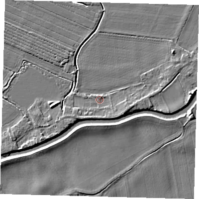 Shaded relief map of the ground around PE114FU, computed from Environment Agency LiDAR. The ground here sits at about 4 m above sea level and falls 5 m across the surrounding 800 m. Surface water reaching this point runs off ground lying to the east-south-east, 2.4 m higher.