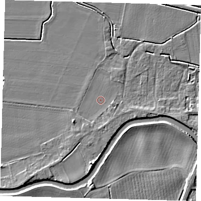 Shaded relief map of the ground around PE114GA, computed from Environment Agency LiDAR. The ground here sits at about 4 m above sea level and falls 5 m across the surrounding 800 m. Surface water reaching this point runs off ground lying to the south, 1.5 m higher.